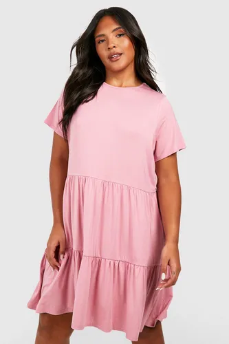 Womens Plus Jersey Tiered Smock Dress - Pink - 16, Pink