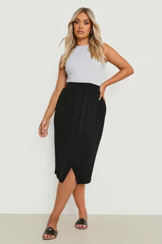 Womens Plus Jersey Wrap Midi Skirt - Black - 20, Black