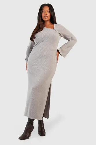 Womens Plus Knitted Asymmetic Split Midaxi Dress - Grey - 16, Grey