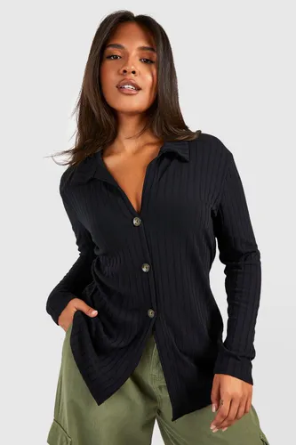 Womens Plus Knitted Rib Button Front Collared Cardigan - Black - 22, Black