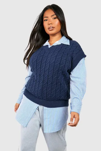 Womens Plus Knitted Vest Stripe Shirt Jumper - Navy - 20-22, Navy