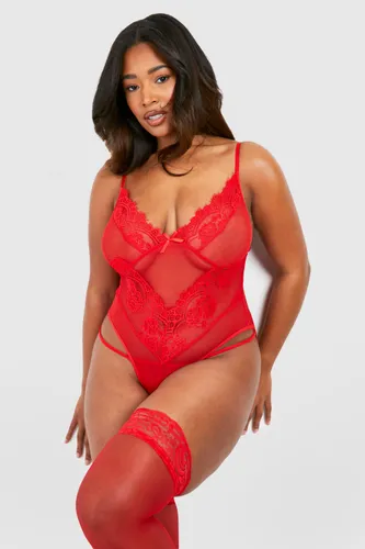 Womens Plus Lace Bodysuit - Red - 28, Red