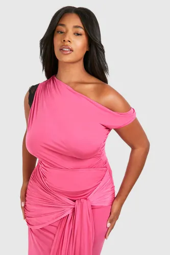 Womens Plus Lace Trim Off The Shoulder Asymmetric Top - Pink - 16, Pink