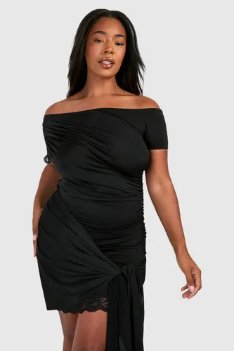 Womens Plus Lace Trim Off The Shoulder Tie Mini Dress - Black - 16, Black