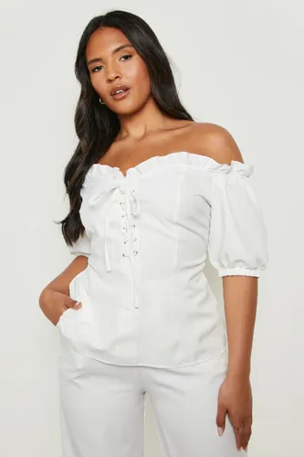 Womens Plus Lace Up Sweetheart Neckline Off Shoulder Top - White - 22, White