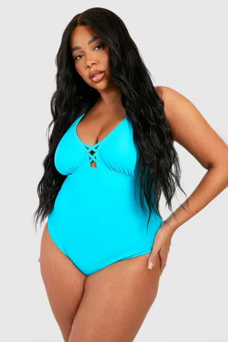 Womens Plus Lace Up Tummy Control Swimsuit - Blue - 16, Blue