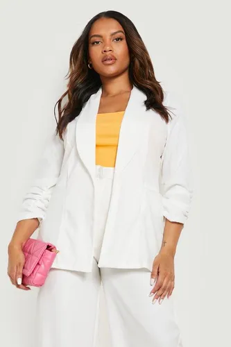 Womens Plus Lapel Detail Ruched Sleeve Blazer - White - 22, White