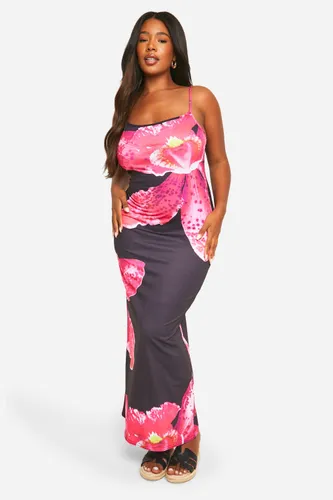 Womens Plus Large Floral Printed Maxi Dress - Black - 16, Black