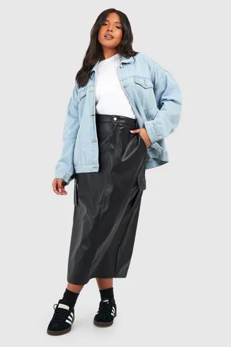 Womens Plus Leather Look Cargo Midaxi Skirt - Black - 16, Black