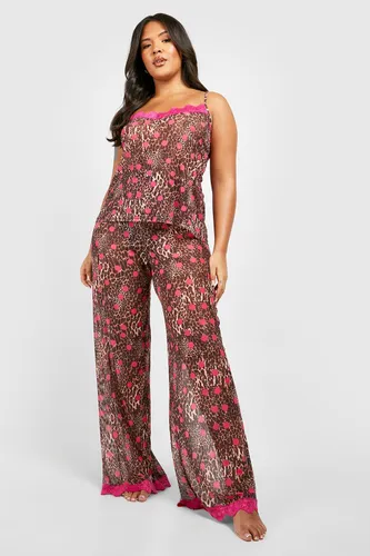 Womens Plus Leopard Print Polka Dot Lace Trim Cami Top & Trousers Pyjama Set - Brown - 6, Brown