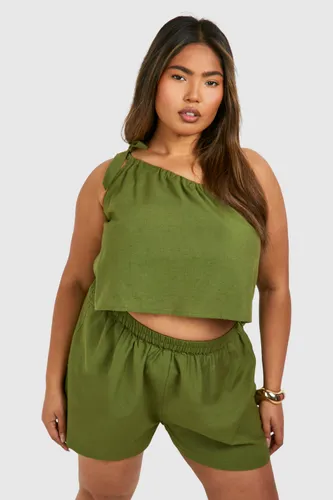 Womens Plus Linen One Shoulder Top & Short Co Ord - Green - 16, Green