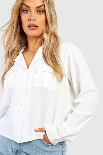 Womens Plus Linen Oversized Pocket Utility Shirt - White - 16, White