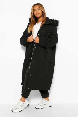 Womens Plus Longline Faux Fur Trim Parka Coat - Black - 28, Black