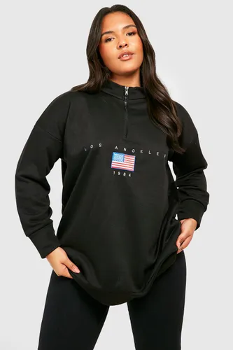 Womens Plus Los Angeles Slogan Embroidered Zip Neck Oversized Sweatshirt - Black - 16, Black