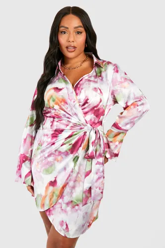 Womens Plus Marble Print Wrap Shirt Dress - Pink - 16, Pink