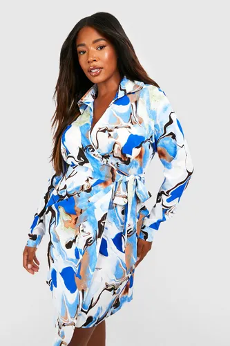 Womens Plus Marble Printed Shirt Dress - Blue - 16, Blue