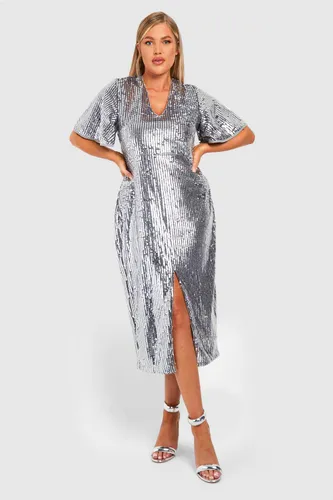 Womens Plus Matte Sequin Angel Sleeve Midi Dress - Grey - 16, Grey