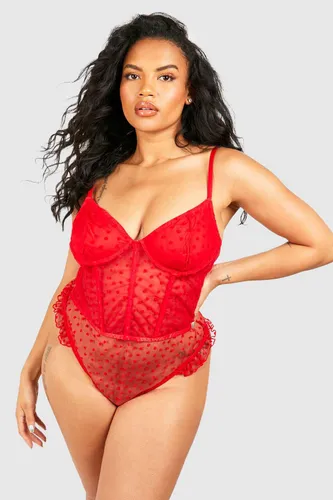 Womens Plus Mesh Heart Flocked Detail Body - Red - 16, Red