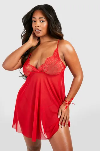 Womens Plus Mesh Lace Detail Babydoll - Red - 28, Red