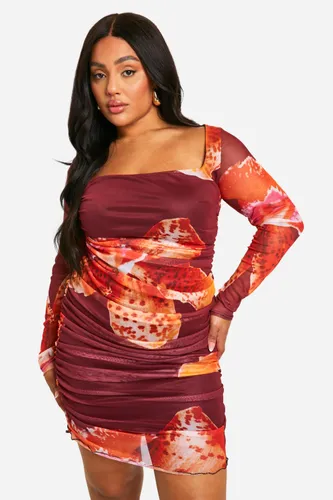 Womens Plus Mesh Printed Ruched Bodycon Dress - Multi - 16, Multi