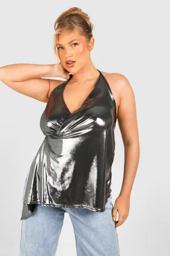 Womens Plus Metallic Wrap Frill Cami Top - Grey - 16, Grey