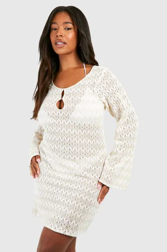 Womens Plus Neutral Stripe Crochet Beach Dress - Beige - 16, Beige