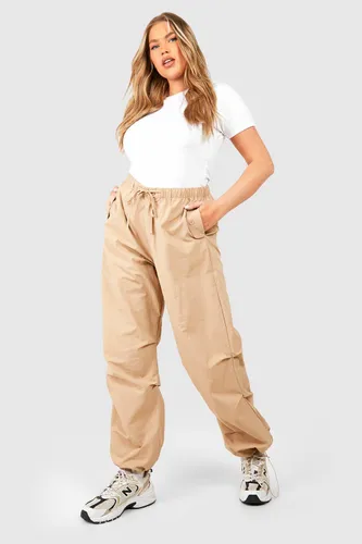 Womens Plus Nylon Ruched Detail Cargo Trousers - Beige - 28, Beige
