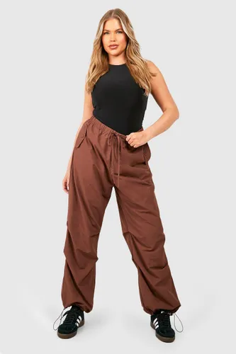 Womens Plus Nylon Ruched Detail Cargo Trousers - Brown - 28, Brown