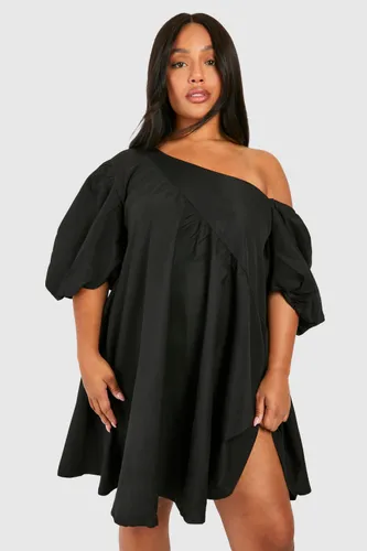Womens Plus Off Shoulder Asymmetric Smock Dress - Black - 16, Black