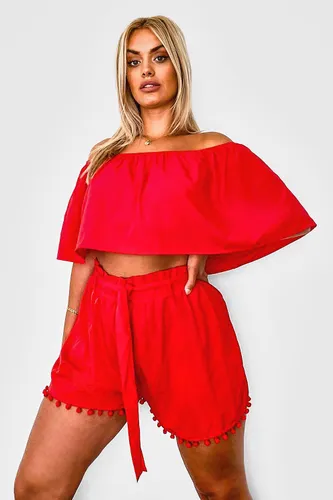 Womens Plus Off Shoulder Pom Pom Shorts Co-Ord - Red - 22, Red