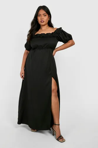 Womens Plus Off Shoulder Ruffle Split Maxi Dress - Black - 16, Black