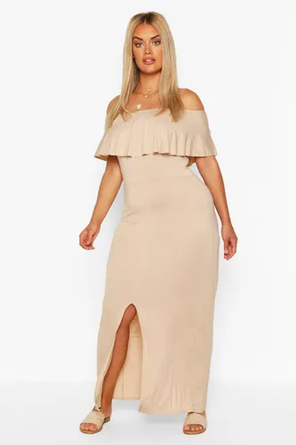 Womens Plus Off The Shoulder Ruffle Jersey Maxi Dress - Beige - 20, Beige