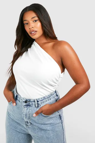 Womens Plus One Shoulder Ruched Asymmetric Top - White - 22, White