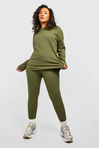 Womens Plus Oversized Rib Top And Legging Co-Ord - Green - 22, Green