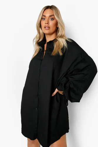 Womens Plus Oversized Ruched Sleeve Shirt Dress - Black - 16, Black