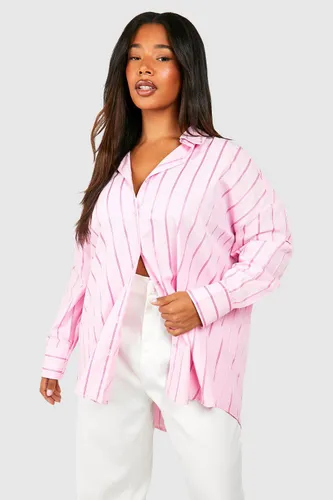 Womens Plus Oversized Striped Drop Shoulder Shirt - Pink - 28, Pink
