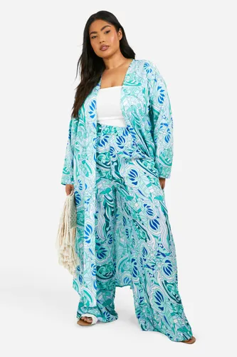 Womens Plus Paisley Print Longline Kimono - Blue - 16, Blue