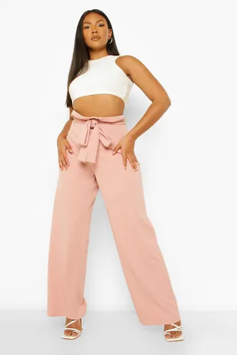 Womens Plus Paperbag Belted Slim Wide Leg Trousers - Pink - 28, Pink