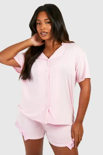 Womens Plus Peached Button Front Lace Detail Pj Short Set - Pink - 16, Pink