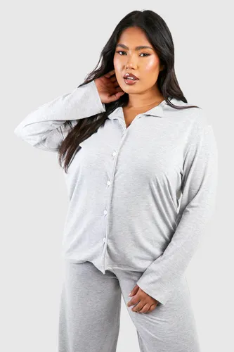 Womens Plus Peached Jersey Long Sleeve Button Pj Shirt - Grey - 16, Grey