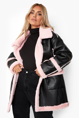 Womens Plus Pink Faux Fur Trim Longline Aviator Jacket - 26, Pink