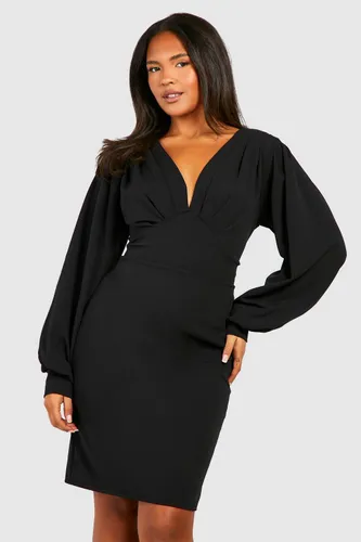 Womens Plus Pleat Detail Blouson Sleeve Midi Dress - Black - 28, Black