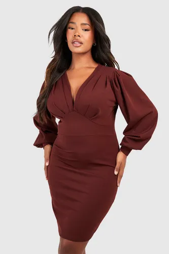 Womens Plus Pleat Detail Blouson Sleeve Midi Dress - Brown - 28, Brown