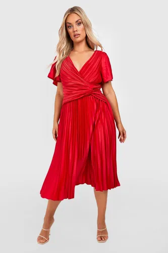 Womens Plus Pleated Twist Angel Sleeve Midi Dress - Red - 18, Red