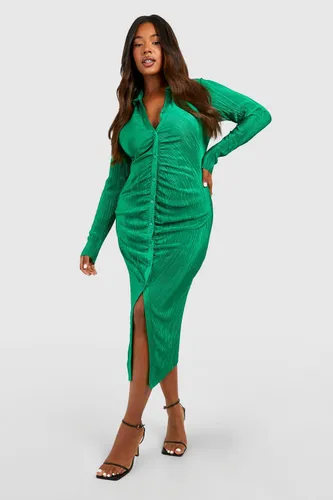 Womens Plus Plisse Midi Ruched Shirt Dress - Green - 16, Green