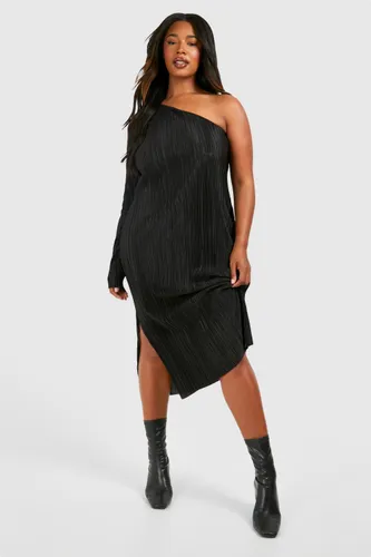 Womens Plus Plisse Off Shoulder Split Midi Dress - Black - 16, Black