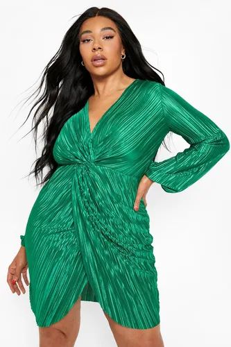 Womens Plus Plisse Twist Front Wrap Dress - Green - 28, Green