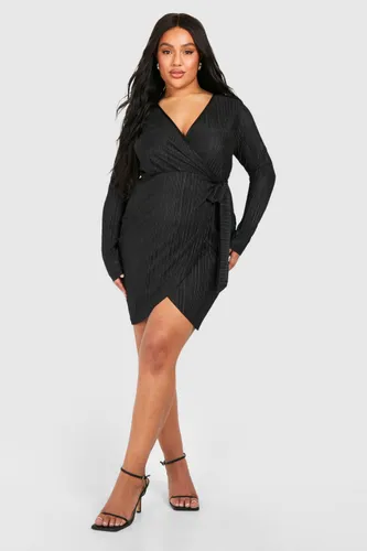 Womens Plus Plisse Wrap Mini Dress - Black - 16, Black