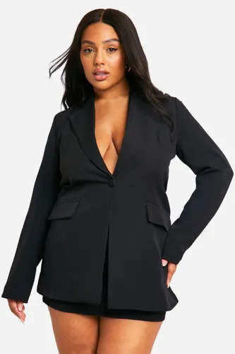 Womens Plus Plunge Front Single Button Fitted Blazer - Black - 16, Black
