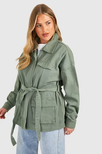 Womens Plus Pocket Detail Denim Jacket - Green - 28, Green